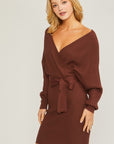 Love Tree Off Shoulder Wrap Belted Ribbed Knit Dress