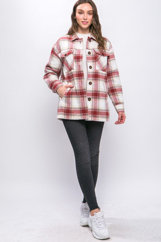 Love Tree Plaid Button Up Jacket with Sherpa Lining