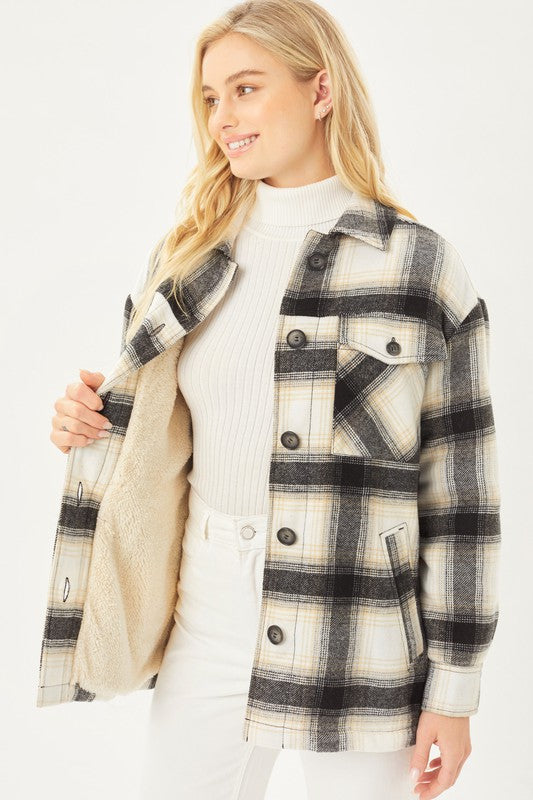 Love Tree Plaid Button Up Jacket with Sherpa Lining