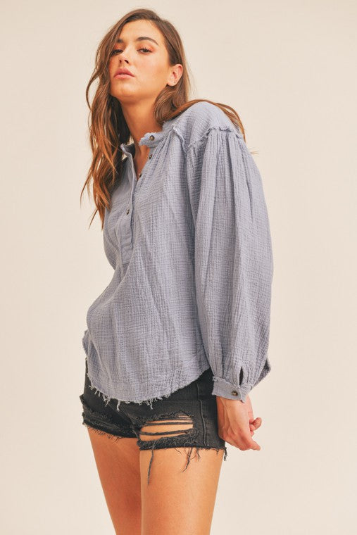 Lush Clothing Distressed Button Down Top