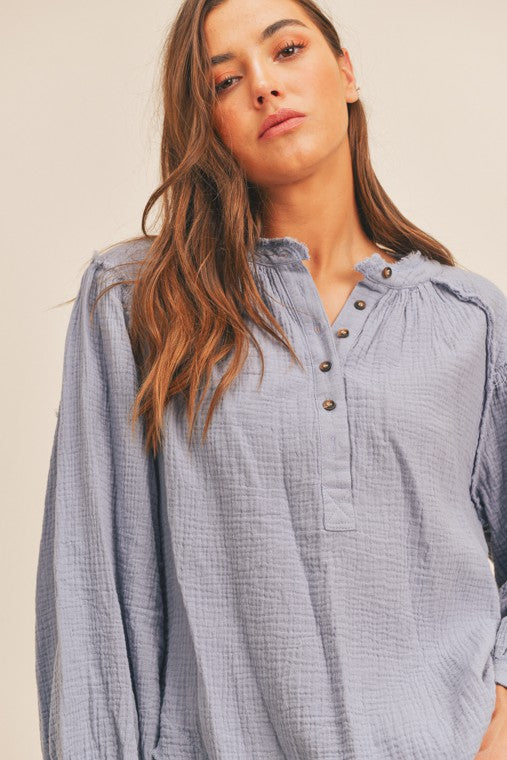 Lush Clothing Distressed Button Down Top