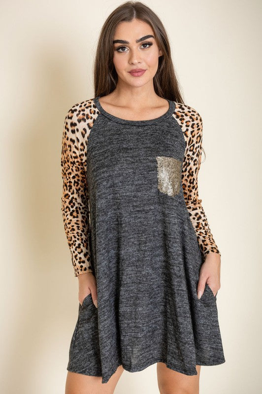 Animal Print Sleeve A-Line Dress