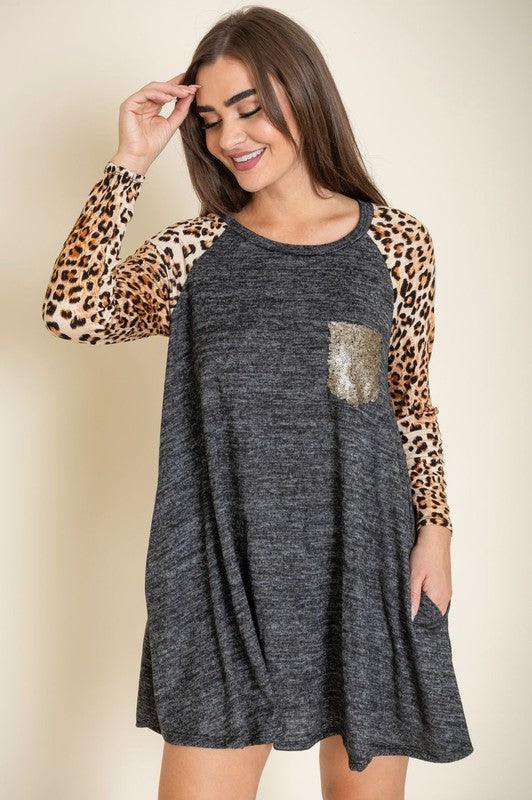 Animal Print Sleeve A-Line Dress