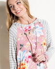 e Luna Striped Floral Mixed Hoodie Sweatshirt Top