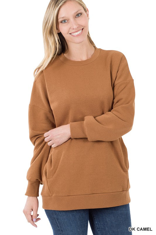 ZENANA Long Sleeve Round Neck Sweatshirt Side Pockets