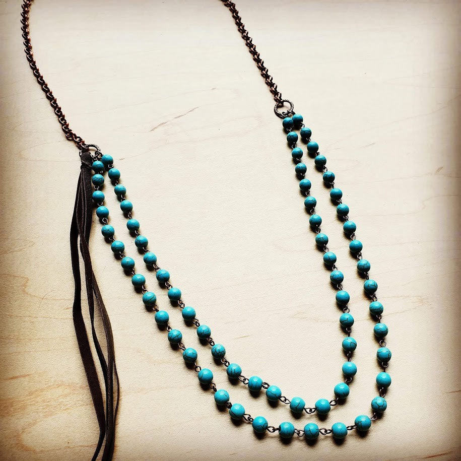 Double Strand Blue Turquoise Beaded Necklace, Leather Tassel
