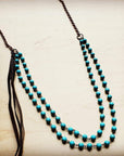Double Strand Blue Turquoise Beaded Necklace, Leather Tassel