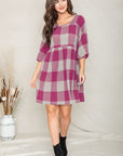 Checker Balloon Sleeve Midi Dress