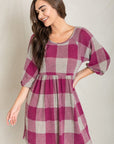 Checker Balloon Sleeve Midi Dress