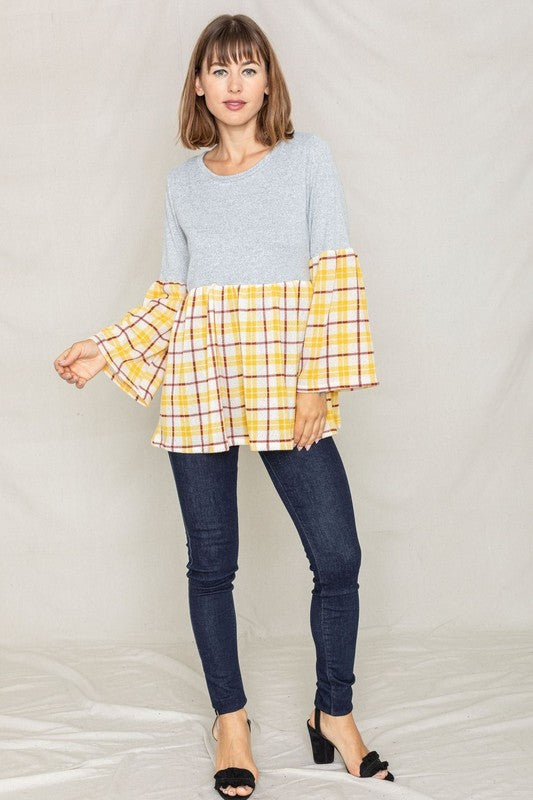 Plus Size Bell Sleeve Plaid Tunic