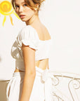 Off  Shoulder Pleated Crop Top with Back Ribbon Tie