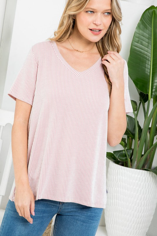 e Luna Two Tone Slub Rib Striped Top