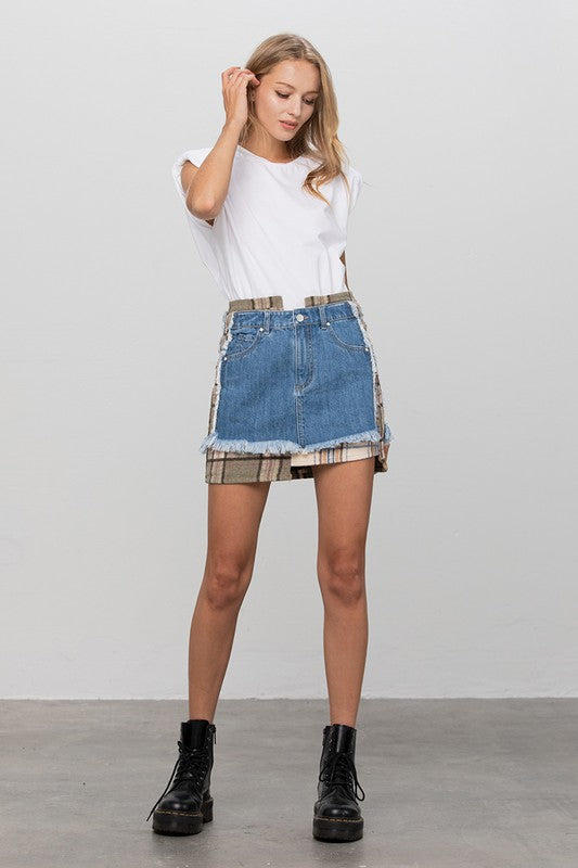 Denim Lab USA Plaid Checker Mini Denim Skirt