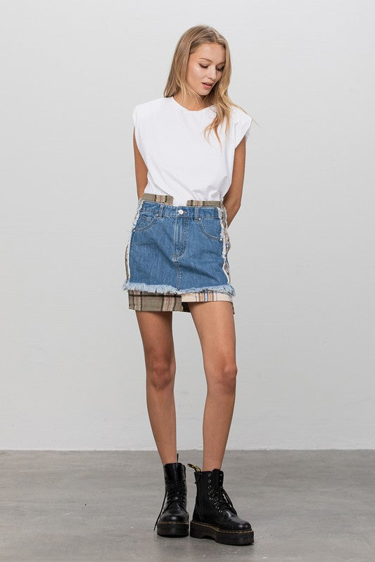 Denim Lab USA Plaid Checker Mini Denim Skirt