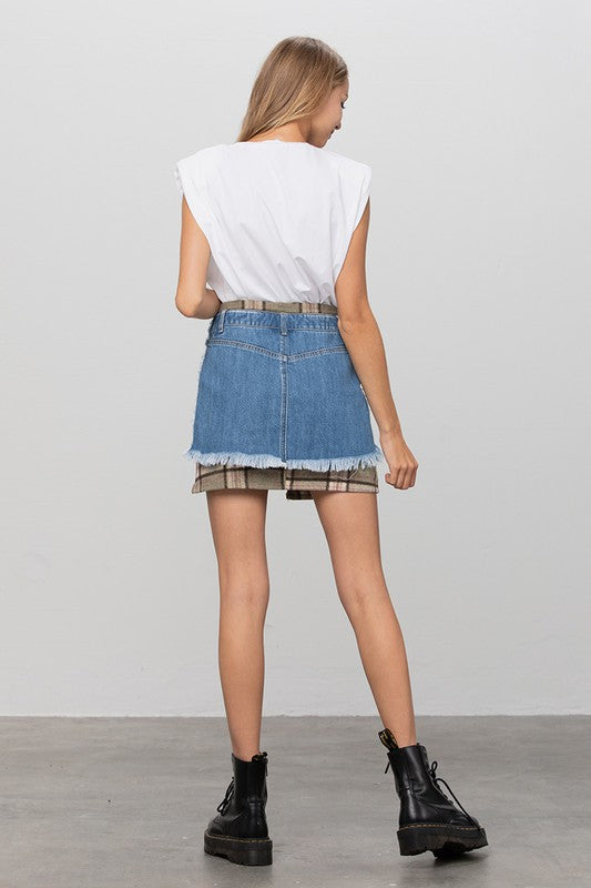 Denim Lab USA Plaid Checker Mini Denim Skirt