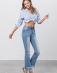 Insane Gene Mid Rise Long Bottom Frayed Crop Flare Jeans