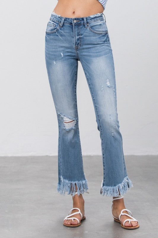 Insane Gene Mid Rise Long Bottom Frayed Crop Flare Jeans