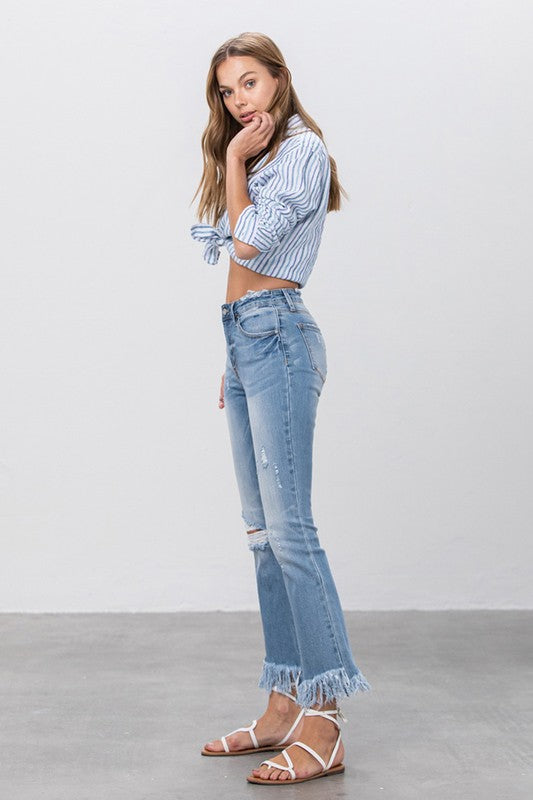 Insane Gene Mid Rise Long Bottom Frayed Crop Flare Jeans