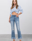 Insane Gene Mid Rise Long Bottom Frayed Crop Flare Jeans