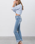 Insane Gene Mid Rise Long Bottom Frayed Crop Flare Jeans