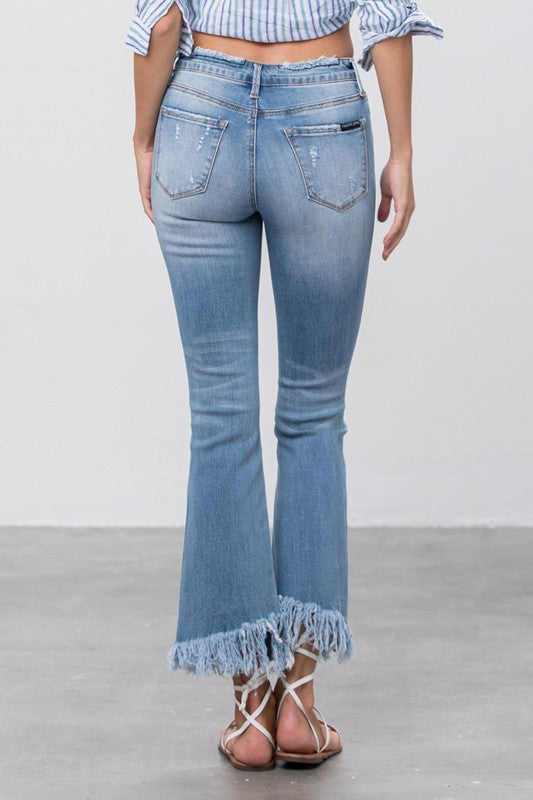 Insane Gene Mid Rise Long Bottom Frayed Crop Flare Jeans