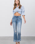 Insane Gene Mid Rise Long Bottom Frayed Crop Flare Jeans