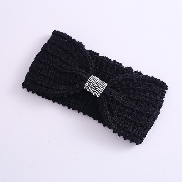 Winter Rhinestone Bow Knitted Head Band