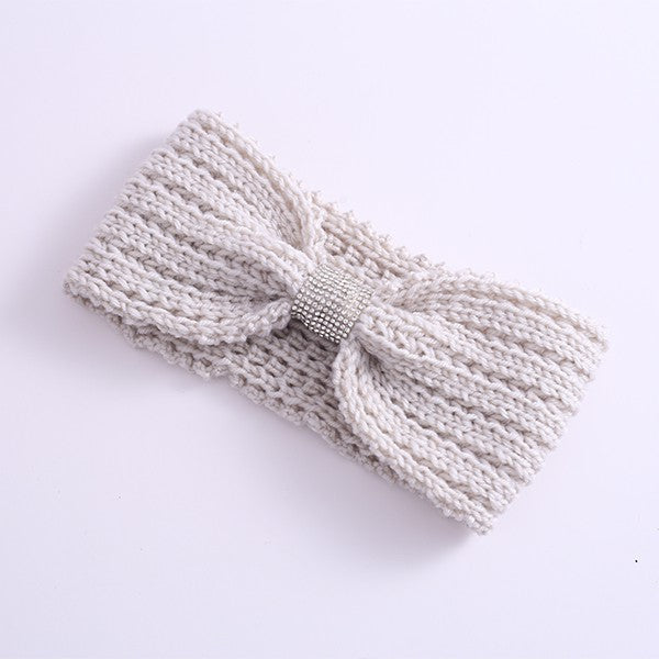 Winter Rhinestone Bow Knitted Head Band