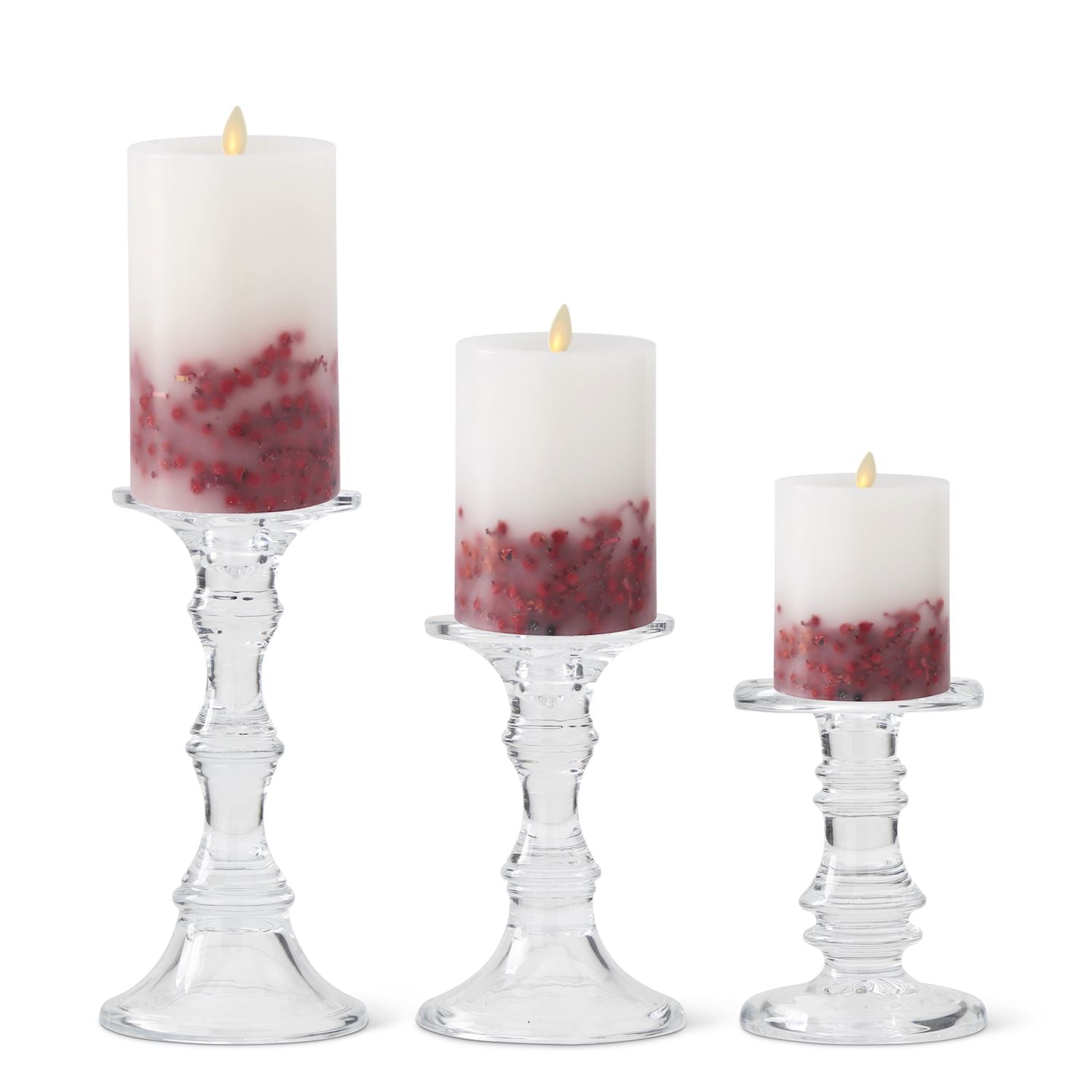 Set of 3 Short Glass Candleholders &amp; Red Berry Luminara Candles w/Remote