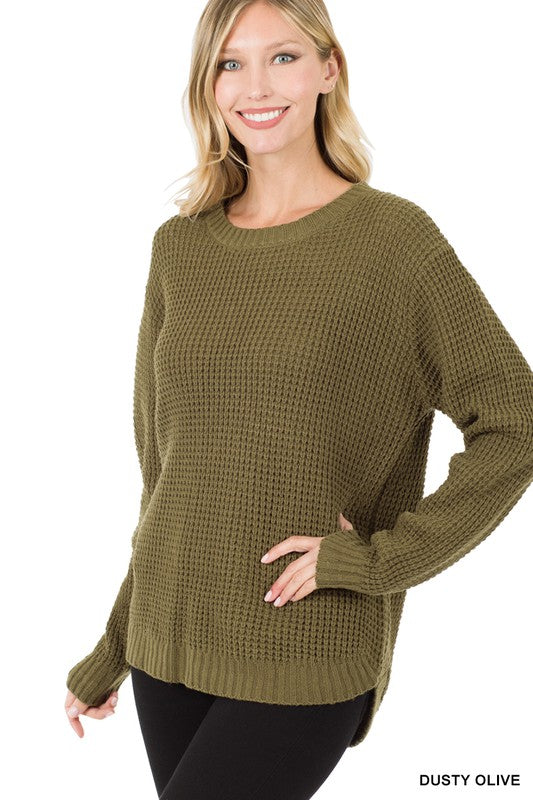 Zenana High Low Waffle Sweater in Black - Online Only