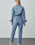 Denim Lab USA Belted Collared Button Front Denim Jumpsuit