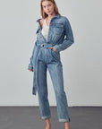 Denim Lab USA Belted Collared Button Front Denim Jumpsuit