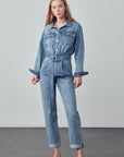 Denim Lab USA Belted Collared Button Front Denim Jumpsuit