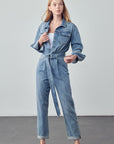 Denim Lab USA Belted Collared Button Front Denim Jumpsuit