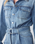 Denim Lab USA Belted Collared Button Front Denim Jumpsuit