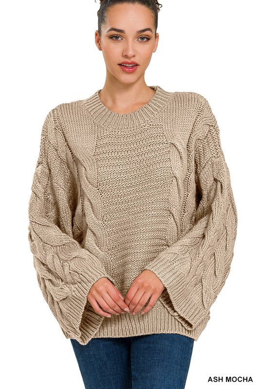 Zenana Oversized Bell Sleeve Cable Knit Sweater - Online Only