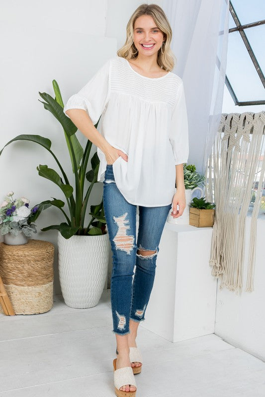 e Luna Solid Pintuck Tunic Blouse