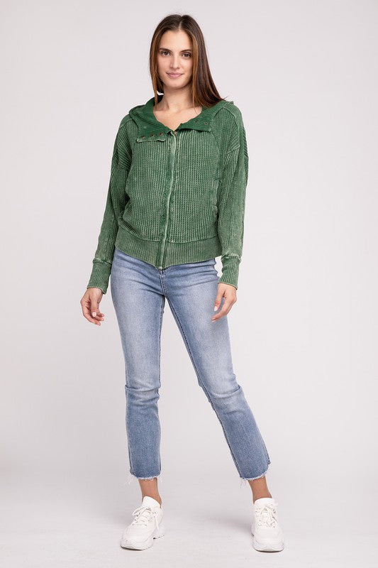 ZENANA Acid Wash Cotton Waffle Hooded Zip-Up Jacket