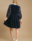 Umgee Dotted Lace Sleeve Tiered Velvet Mini Dress