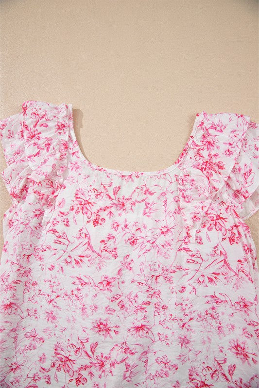 Floral Bow-Back Square Neck Ruffle Sleeve Blouse