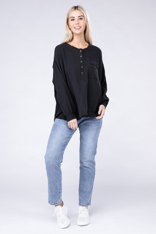 ZENANA Double Gauze Oversized 3/4 Button Henley Neck Top