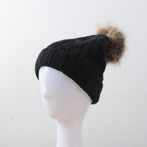 Braided Knit Fur Pom Beanie