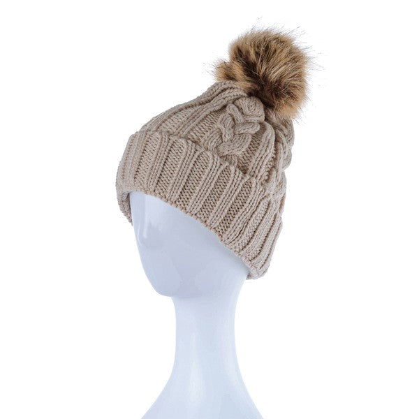 Braided Knit Fur Pom Beanie