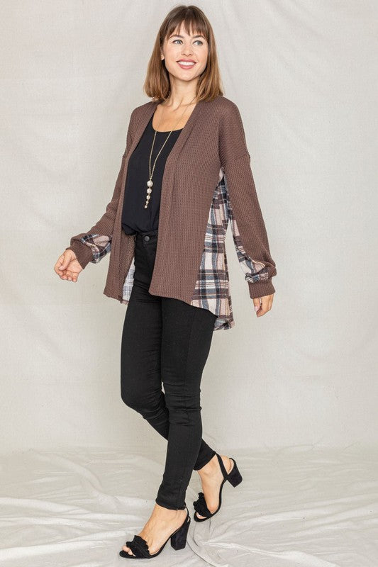 PLUS Plaid Back Waffle Knit  Cardigan