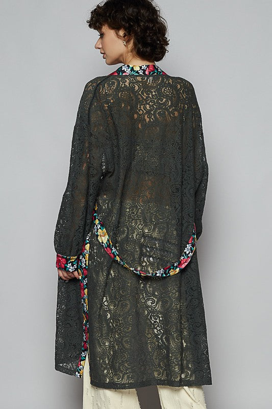 POL Floral Trim Lace Open Front Longline Cardigan