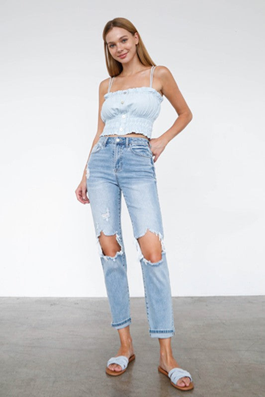 Denim Lab USA High Waist Destroyed Hem Boyfriend Jeans