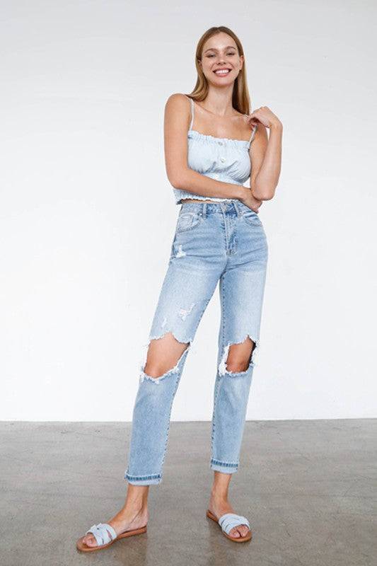 Denim Lab USA High Waist Destroyed Hem Boyfriend Jeans