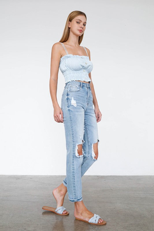 Denim Lab USA High Waist Destroyed Hem Boyfriend Jeans