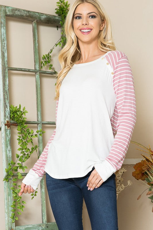 Viscose Crepe Knit Jersey Stripe Button Top