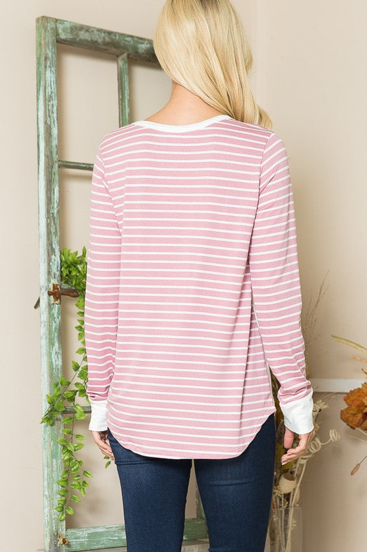 Viscose Crepe Knit Jersey Stripe Button Top